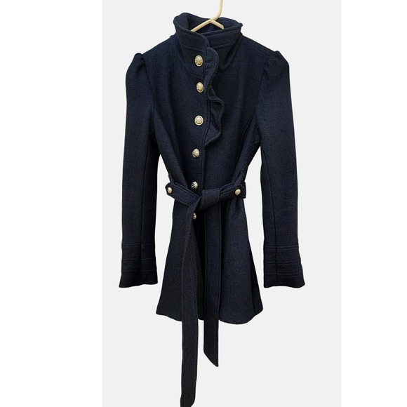 Bebe2yk Black Wool Blend Ruffled Collar Belted Peplum Coat Womens XS - Picture 5 of 13